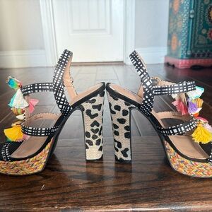 Betsey Johnson Black and White High Heels with Platform and Checkered Straps